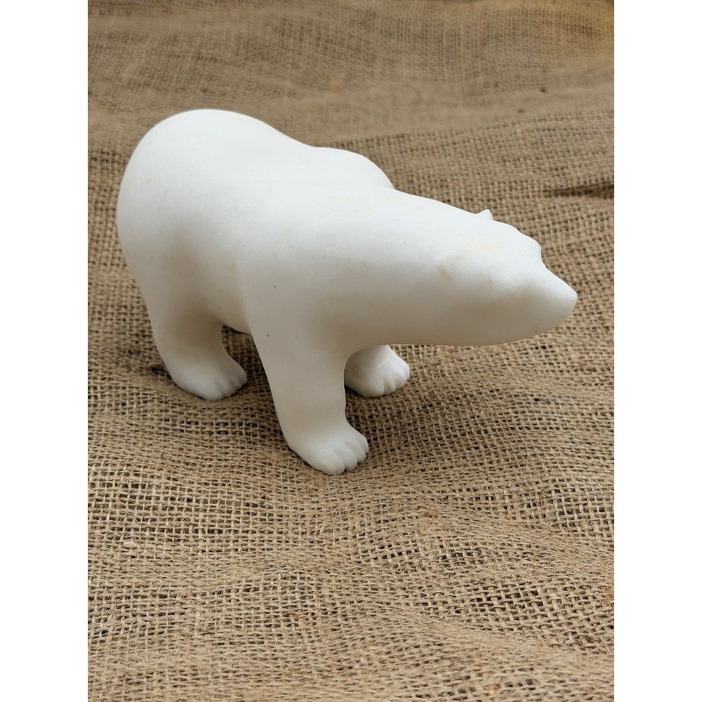Vintage Hand-Carved White Marble Polar Bear Figurine Sculpture 7"